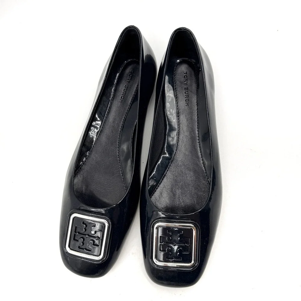 Tory Burch Georgia Ballet Flats Patent Leather Square Toe Logo Black Womens Sz 8